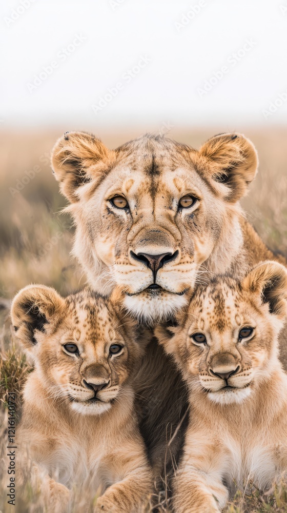 Obraz premium A close-up of a family of lions, or lion prider, with adult lions nuzzling their cubs, showing tenderness and care.