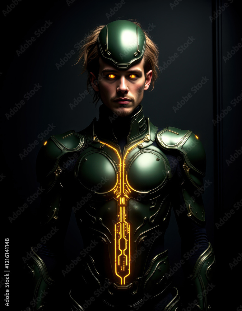 Naklejka premium Futuristic cybernetic warrior in green armor with glowing yellow elements