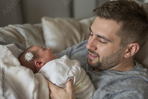 Love, hug or father with newborn in home for care or bonding together to nurture child development. Relax, baby or proud single parent dad with an infant for support, trust or comfort in family photo