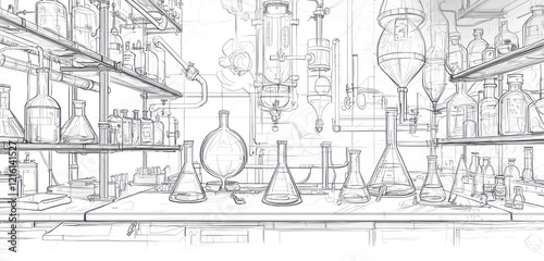 Ultra-clear line art featuring chemical lab equipment.