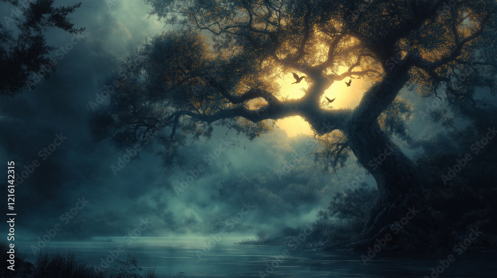 A fantasy landscape image depicts a golden tree surrounded by red flowers, with a blue misty light at its base. A fantasy landscape image depicts a golden tree surrounded by red flowers, with a blue misty light at its base.