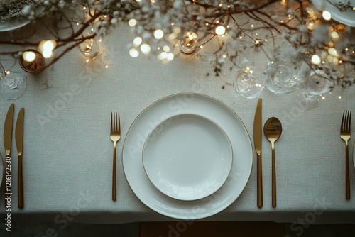 Festive table setting, elegant dinner, winter lights, overhead view, holiday