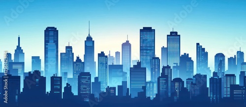 Seamless cityscape with blue gradient background and tall buildings