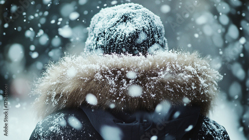 Snowflakes gently falling on person wearing fur lined coat photo