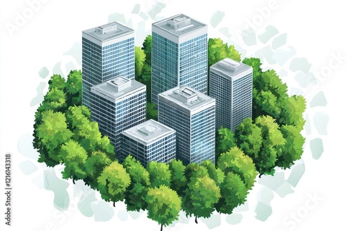 Vector illustration office buildings surrounded by trees