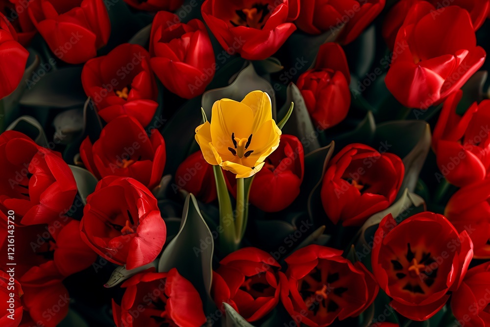 Naklejka premium One yellow tulip between red tulips in the garden
