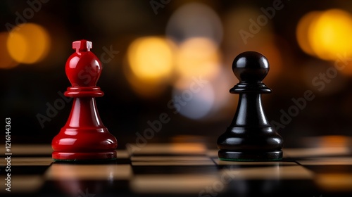 Chess Pieces Confrontation: Red and Black Pawns on a Chessboard photo