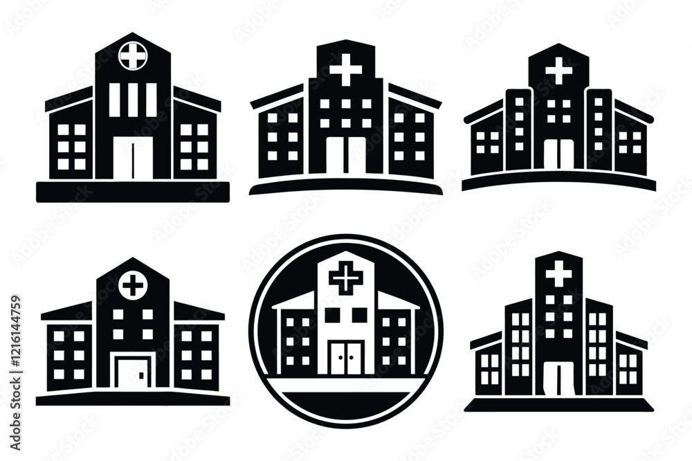 Hospital silhouette Icon set. Pixel-Perfect Vector for Mobile and Web Applications Hospital silhouette Icon set. Pixel-Perfect Vector for Mobile and Web Applications