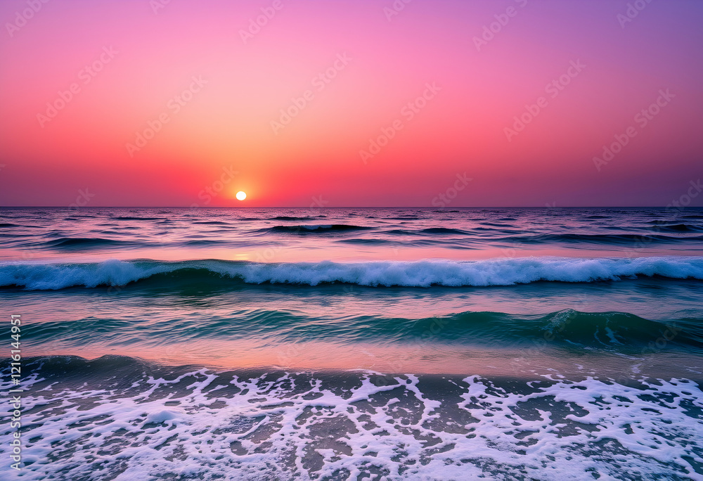 Vibrant sunset over ocean, Pink and purple sky, Golden sun touching horizon, Crashing waves, Foamy shoreline, Turquoise water, Gentle swells, Serene seascape, Dramatic lighting, Ethereal atmosphere, Vibrant sunset over ocean, Pink and purple sky, Golden sun touching horizon, Crashing waves, Foamy shoreline, Turquoise water, Gentle swells, Serene seascape, Dramatic lighting, Ethereal atmosphere,