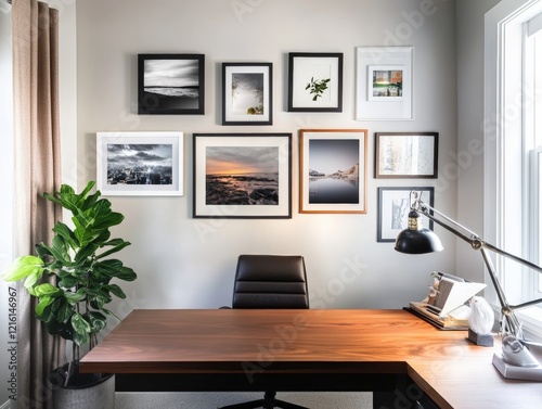 Home office interior featuring modern desk, stylish dÃ©cor, framed artwork on walls, indoor plants, and well-lit workspace for productivity and creativity. photo