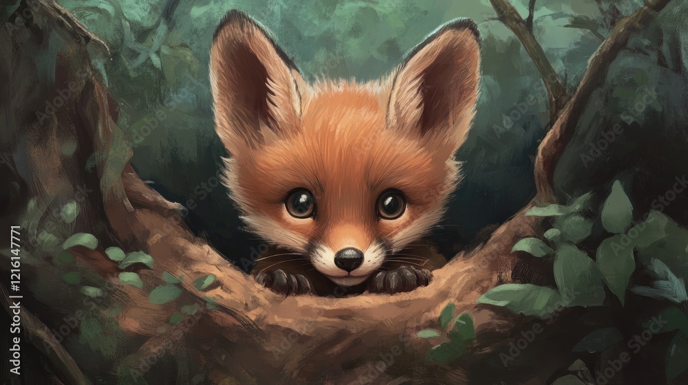 Obraz premium Adorable fox kit peeking from forest foliage.