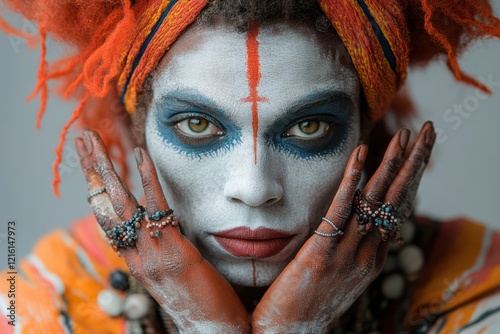 Performer in costume representing a cultural festival, half-turned to the camera with hands delicately positioned, photo