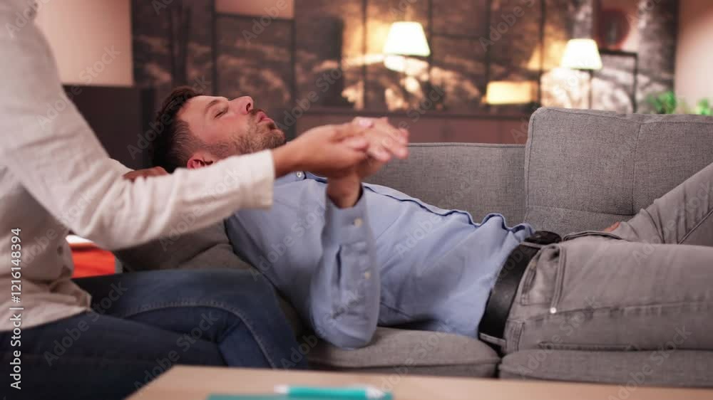Hypnotherapy Psychotherapy Treatment. Man Hypnotized