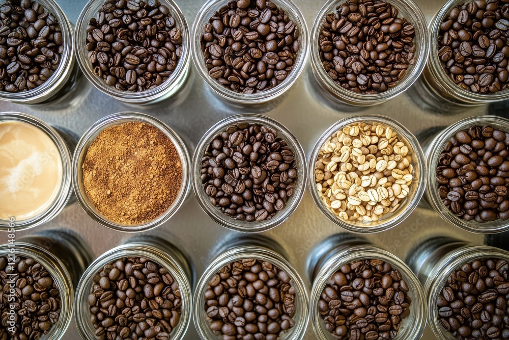 Roasted coffee beans, latte, and grains in jars on steel surface, overhead shot, for cafe menu Roasted coffee beans, latte, and grains in jars on steel surface, overhead shot, for cafe menu