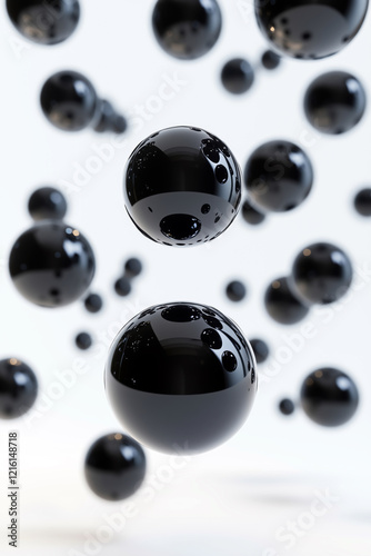 Falling black glossy balls against a white background.