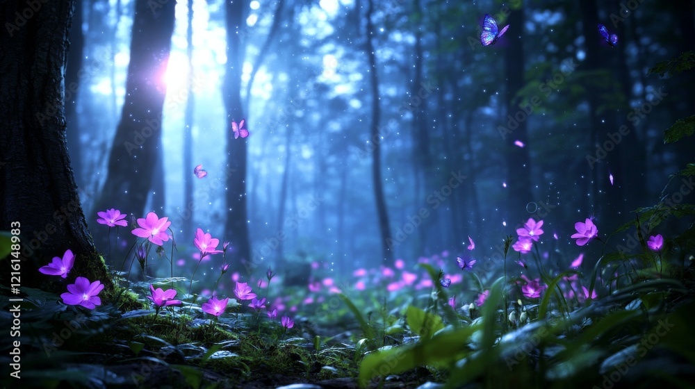 Obraz premium Enchanting sunrise in a mystical forest with purple flowers and butterflies, ideal for fantasy or fairytale themes