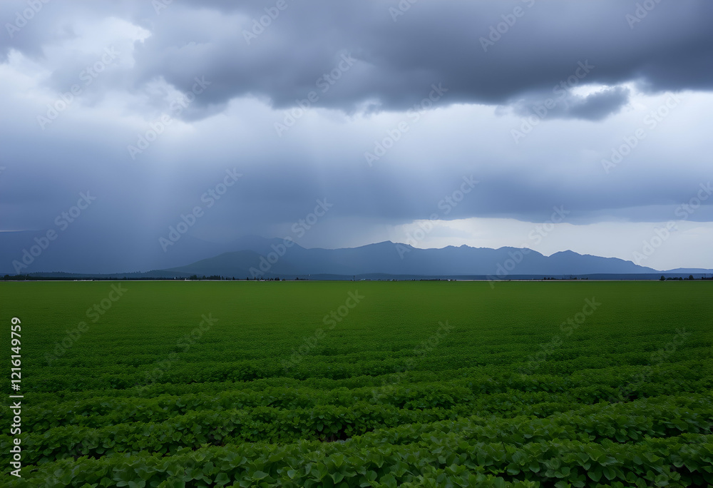 Dramatic stormy sky, dark looming clouds, green agricultural field, distant mountains, moody atmosphere, ominous weather, lush crops, panoramic landscape, contrasting colors, threatening rain, cinemat Dramatic stormy sky, dark looming clouds, green agricultural field, distant mountains, moody atmosphere, ominous weather, lush crops, panoramic landscape, contrasting colors, threatening rain, cinemat