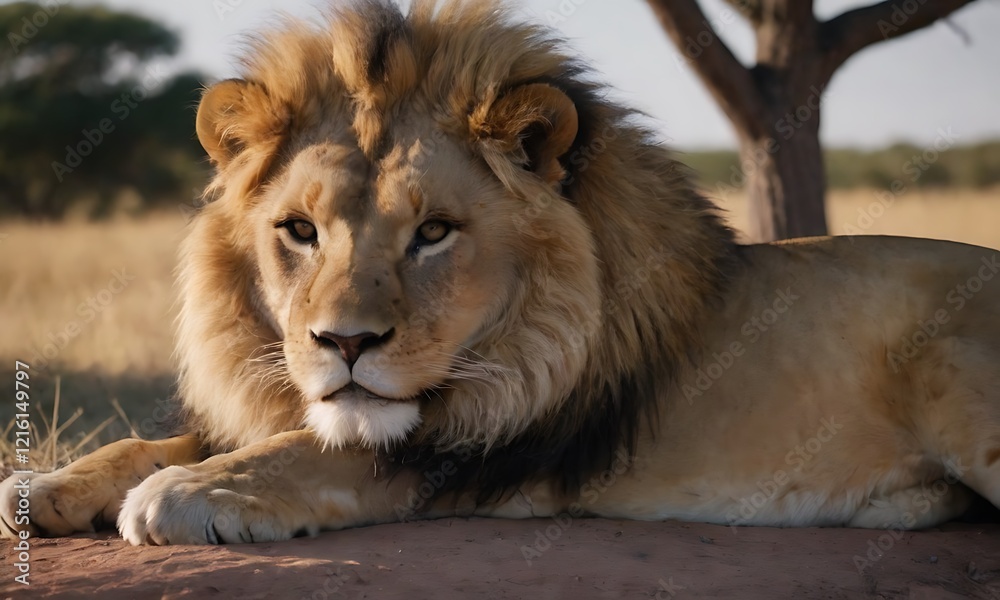 A majestic lion basking in the sun on a savanna A majestic lion basking in the sun on a savanna