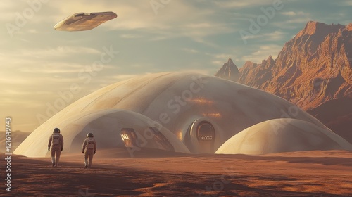 Futuristic landscape with two figures exploring an alien settlement under a hovering spacecraft, depicting themes of space travel and extraterrestrial life. photo