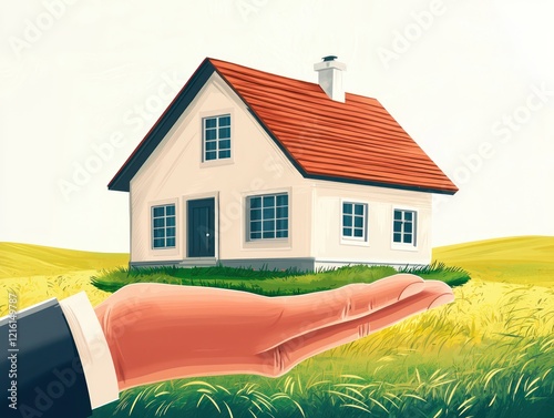 Conceptual illustration a new home purchase, hand presenting a dream house in an open field