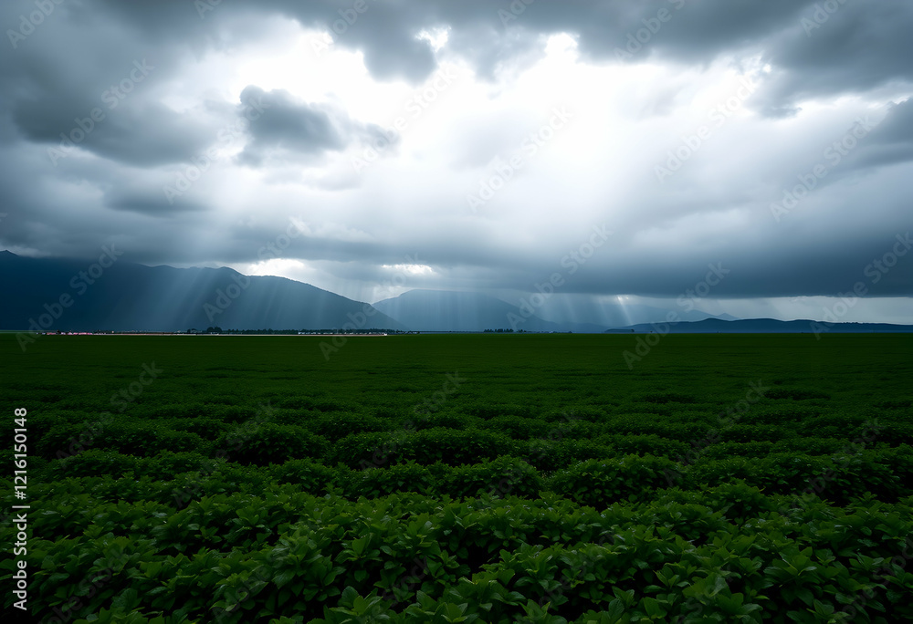 Dramatic stormy sky, dark looming clouds, green agricultural field, distant mountains, moody atmosphere, ominous weather, lush crops, panoramic landscape, contrasting colors, threatening rain, cinemat Dramatic stormy sky, dark looming clouds, green agricultural field, distant mountains, moody atmosphere, ominous weather, lush crops, panoramic landscape, contrasting colors, threatening rain, cinemat