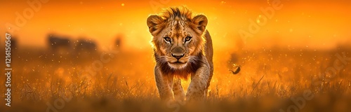 Wild Majesty: A Powerful Lion in Its Natural Habitat with Sweeping African Savanna and Other Wildlife in the Background - Perfect for Travel, Nature, and Animal Conservation photo