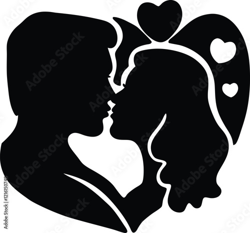 Silhouette Couple Kissing Romantic Love Heart Design Art