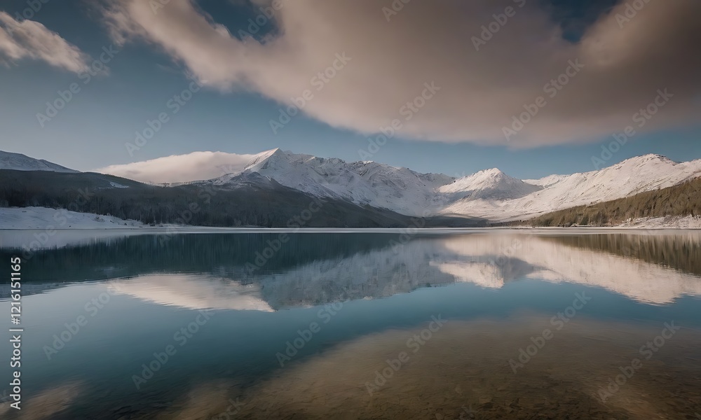 A serene lake surrounded by snow-capped mountains A serene lake surrounded by snow-capped mountains