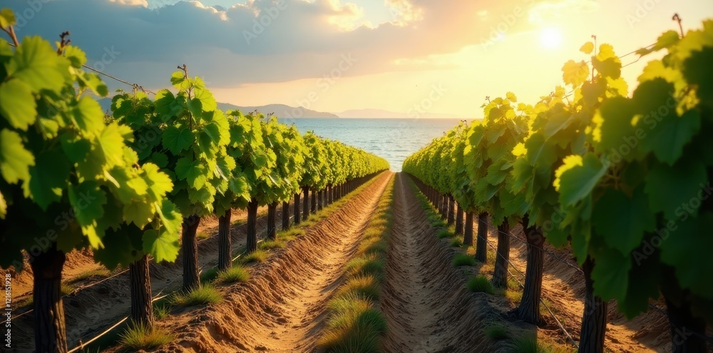 Naklejka premium Ocean breeze sweeps through coastal vineyard rows, sun-drenched grapes , sky, landscape