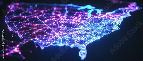 Digital map of the United States illuminated with vibrant blue and purple lights, representing data connectivity, technology networks, and urban infrastructure.
