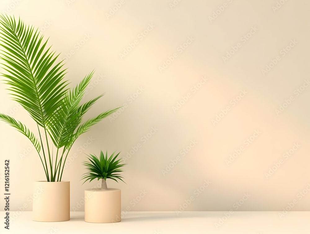 Beige Background with Potted Plants 3D Illustration Beige Background with Potted Plants 3D Illustration
