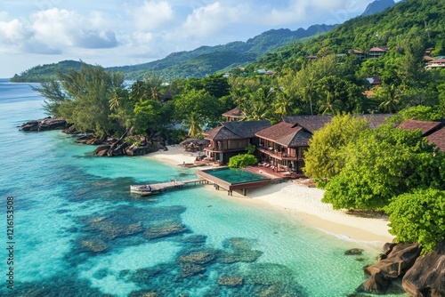 Tropical Island Resort Aerial View, Oceanfront Luxury Villa, Beach,  Clear Water, Sunny Day, Vacation photo