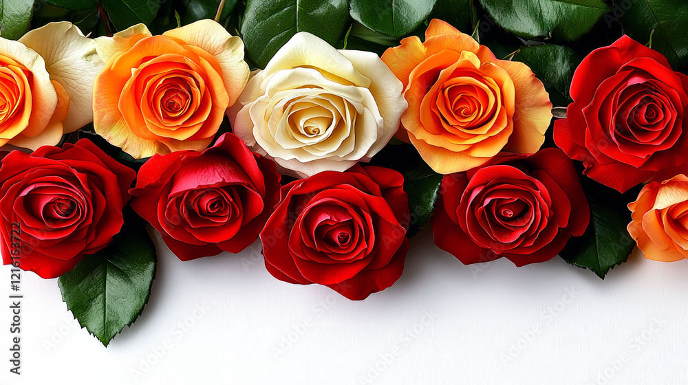 Obraz premium Close-up view of vibrant red, orange, and white roses. A captivating floral arrangement, perfect for Valentine's Day or wedding celebrations.