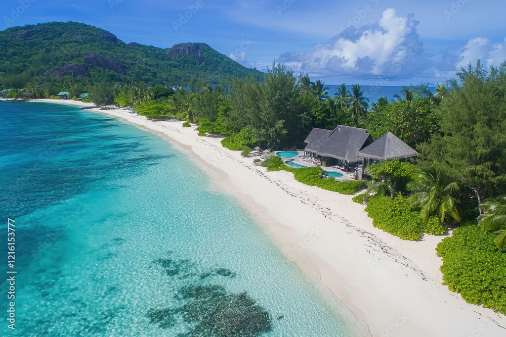 Tropical island beach house aerial view, turquoise water, palm trees, vacation Tropical island beach house aerial view, turquoise water, palm trees, vacation