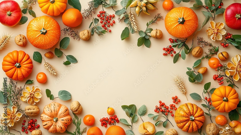A top view photo capturing the essence of autumn harvest with raw vegetables, pumpkins, rowan berries, walnuts, physalis, and wheat on an isolated beige background A top view photo capturing the essence of autumn harvest with raw vegetables, pumpkins, rowan berries, walnuts, physalis, and wheat on an isolated beige background