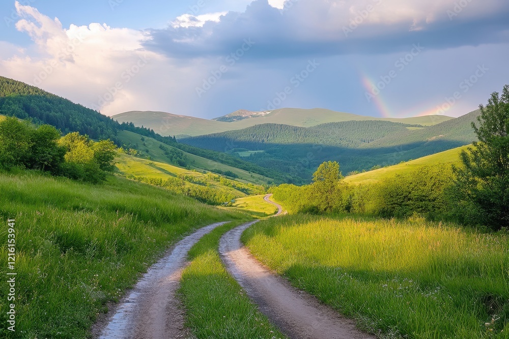 Rural road winding through sunlit mountain valley, rainbow, pastoral Rural road winding through sunlit mountain valley, rainbow, pastoral