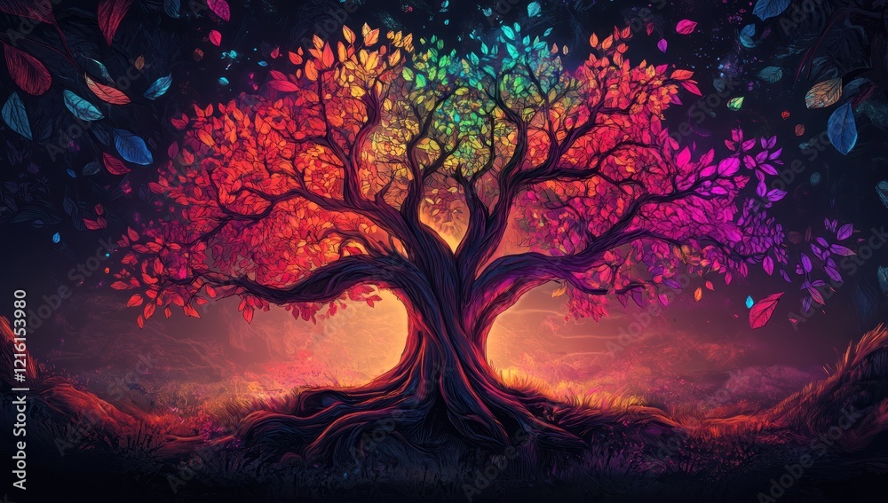 A fantastical tree with vibrant, rainbow-hued leaves stands against a dusk-like sky A fantastical tree with vibrant, rainbow-hued leaves stands against a dusk-like sky