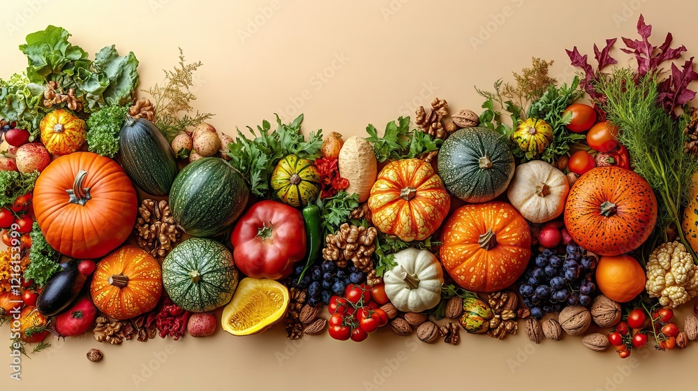 A top view photo depicting the autumn harvest with raw vegetables, pumpkins, gourds, maize, pattypans, walnuts, and physalis on an isolated beige background with copyspace A top view photo depicting the autumn harvest with raw vegetables, pumpkins, gourds, maize, pattypans, walnuts, and physalis on an isolated beige background with copyspace