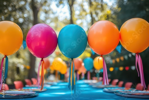 Colorful birthday decorations set in an outdoor setting, with balloons, streamers, and a joyful atmosphere