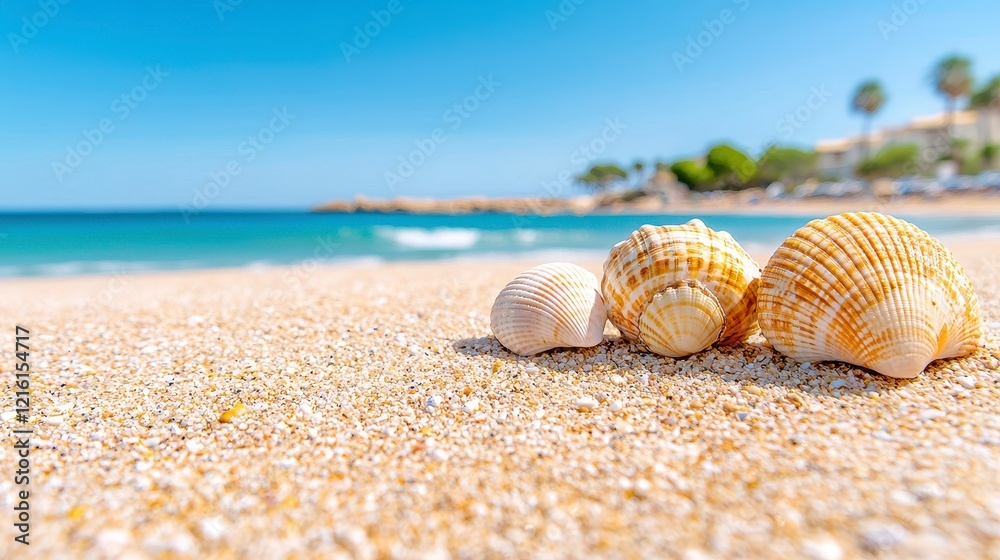 Various seashells and sand on a beach shoreline in bright natural light Various seashells and sand on a beach shoreline in bright natural light