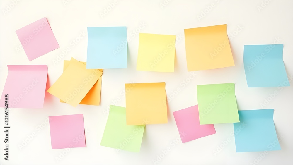 A bright rainbow of sticky notes stuck randomly on a bright white wall A bright rainbow of sticky notes stuck randomly on a bright white wall