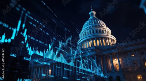 Capitol building at night with financial graph overlay, representing political influence on stock market trends and economic growth analysis in America.
