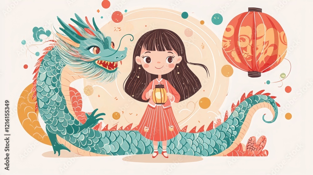 Cute Cartoon Girl with Lantern and Dragon Illustration Cute Cartoon Girl with Lantern and Dragon Illustration