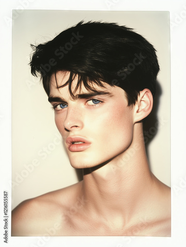1990s style fashion polaroid of a yong man with black hair and blue eyes, white background.
