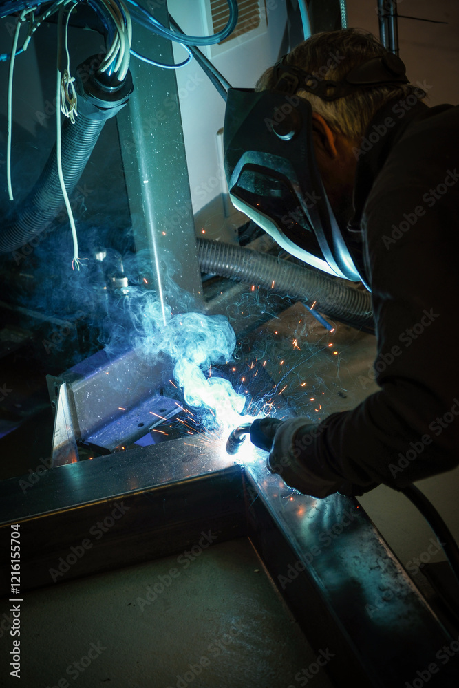 a person wearing a welding mask works on metal with a welding torch, creating sparks through the welding process