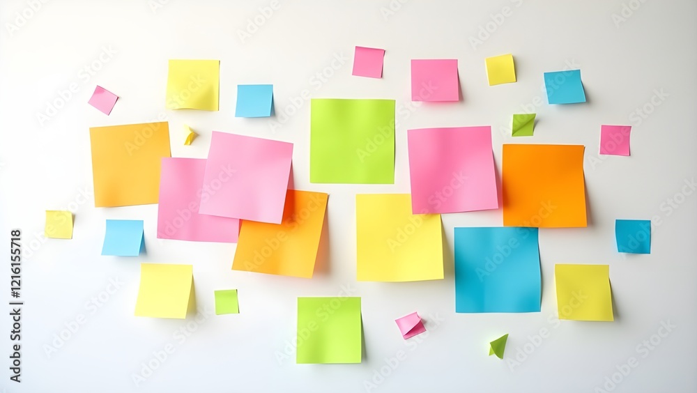 A bright rainbow of sticky notes stuck randomly on a bright white wall A bright rainbow of sticky notes stuck randomly on a bright white wall