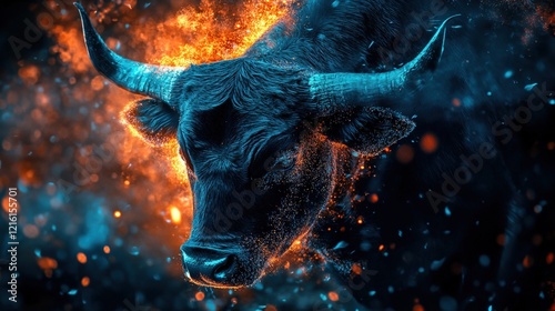 Bull head in fiery background representing strength and power. Symbolizes financial markets like bull market trends, stock trading, and investment strategies. photo