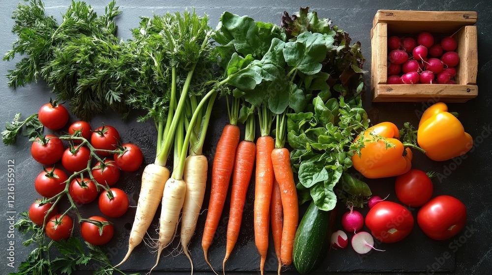 Vibrant Fresh Vegetables Including Red Tomatoes Orange Carrots Green Lettuce and Yellow Peppers Vibrant Fresh Vegetables Including Red Tomatoes Orange Carrots Green Lettuce and Yellow Peppers