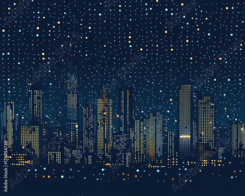 Abstract urban skyline with dots representing modern buildings in a futuristic night setting