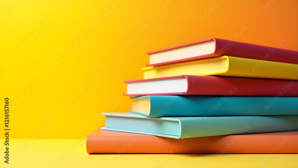 A stack of multicolored books with bright spines arranged diagonally on a vibrant background A stack of multicolored books with bright spines arranged diagonally on a vibrant background